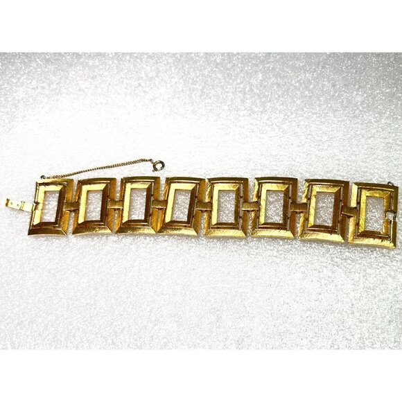 Vtg 50s Framed Panel Link Bracelet 6.75" Wide MCM Crown Trifari Gold-Tone Boho - Picture 7 of 7